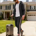 Men's dark grey hooded tracksuit set with red and white striped side tape details - S / Top And Bottom / Black
