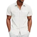 Macro detail of men's heavy corduroy short sleeve work shirt with chest pockets - S / Tops / White