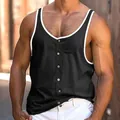 Débardeur de plage d'été noir élégant pour hommes avec bordure blanche et boutons à l'avant - Noir