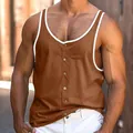 Débardeur de plage marron pour homme avec bordures blanches et boutons pour l'été. - Kaki