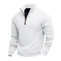 Detailed view of a premium white men's quarter-zip sweatshirt with a stand collar design. - S / Tops / White