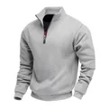 Professional view of men's light grey casual 1/4 zip stand collar fleece-lined sweatshirt - S / Tops / Light Gray