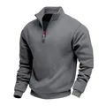 Men's casual grey quarter-zip sweatshirt with a fleece-lined mock neck collar detail. - Dark Gray