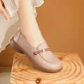 Comfortable taupe leather loafers for elderly women featuring soft non-slip soles and decorative cord - 35 / Flats / Dusty Pink