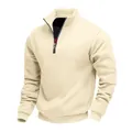 Close-up of men's cream quarter-zip sweatshirt featuring mock neck and ribbed cuffs - S / Tops / Apricot