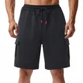 Premium men's heavyweight loose casual black cargo shorts with adjustable drawstring waist - Black