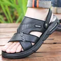 Sandalias de cuero negro para hombre con diseño transpirable y suela blanda antideslizante - Negro