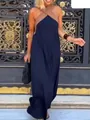 Close-up view of elegant navy and tan halter neck color-block maxi dress with sleeveless design - XS / Dresses / Navy Blue and Dark Orange Straps