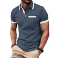 Men's casual short sleeve polo shirt with white contrast collar and pocket detail. - Gray