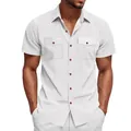 Detail shot of white short sleeve corduroy work shirt for men with dual chest pockets - S / Tops / White
