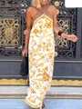 Elegant floral print sleeveless maxi dress with off-shoulder loose fit design - XS / Dresses / Gold Flower