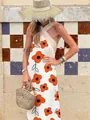 Stylish sleeveless loose white halter summer dress with vibrant orange floral patterns - XS / Dresses / White with Small Flowers