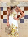 Elegant white summer maxi dress featuring a vibrant floral print and a chic halter neckline - XS / Dresses / Leaf Print
