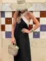 Elegant summer color-block halter neck maxi dress in black and beige with a loose fit design - XS / Dresses / Black + Apricot Straps