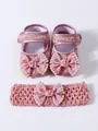 Elegant pink baby princess walking shoes and headband set with pearl bows and lace detail - Shoes Headband Set (29110) / Size 11 (Inner Length 10.5cm) / Dusty Pink