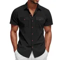 Close-up detail view of men's black corduroy short sleeve shirt with chest pockets - S / Tops / Black
