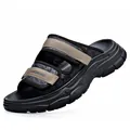 Men's lightweight black sport sandals with adjustable tan straps and thick foam sole. - 38 / Black
