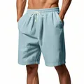 Λεπτομερής προβολή ανδρικού γαλάζιου κοτλέ σορτς με κορδόνι στη μέση για καλοκαίρι - Ανοιχτό μπλε