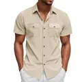 High-quality close-up of men's beige corduroy short-sleeve cargo shirt with texture - S / Tops / Apricot