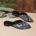 Elegant women's ethnic woven pattern mule slippers with comfortable low block heels - Teal