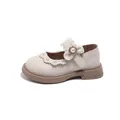 Elegant cream girls' princess shoes with flower pearl accent and scalloped trim - Size 26 (Inner Length 16cm) / Off White
