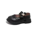 Elegant black girls' leather Mary Jane princess shoes with pearl floral buckle and scalloped trim - Size 23 (Inner Length 14.5cm) / Black