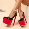 Detailed view of 18cm black and red platform high heel pumps with pearl anklets - 35 / Black and Red Patent Leather Double Artificial Pearl Chain Style (11001111) / Black and Red (Double Artificial Pearl Chain)