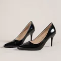 Side view of elegant black patent leather pointed-toe stiletto high heel pumps - 35 / Black