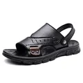 Sandales classiques en cuir noir pour hommes avec semelle souple antidérapante pour la plage - Noir