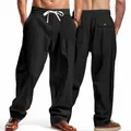 Pantalon large en lin décontracté pour homme avec cordon de serrage pour la plage - Noir