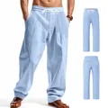 Men's loose linen trousers in light blue casual wide-leg beach style for summer - Light Blue