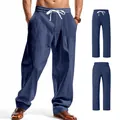 Men's casual loose blue linen wide-leg pants with comfortable elastic drawstring waist. - Navy Blue