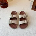 Stylish beige double buckle strap slide sandals with comfortable brown soft sole - Size 26 (Inner Length 16cm) / Off White