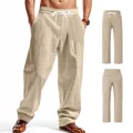 Men's loose linen casual wide-leg pants in light khaki variant, breathable style - Khaki