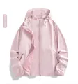 Detail view of women's lotus pink UV protection ice silk jacket with hooded design - Women's Pink