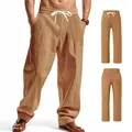 Breathable men's loose khaki linen casual pants featuring a comfortable drawstring waist - Earthy Yellow