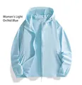 Women's light blue sun protection jacket with UPF 100+ hood and zipper - Women's Moon Blue