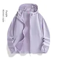 Detailed front view of a lilac women's hooded sun protection jacket with UPF 100+ rating. - Women's Purple