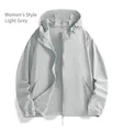 Close-up view of a light gray ice silk sun protection jacket with hood and UPF 50+ rating - Women's Light Gray