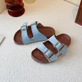 Light blue suede-textured double-buckle sliders with soft soles for summer beach wear - Size 26 (Inner Length 16cm) / Blue