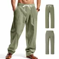 Men's breathable loose linen casual wide-leg pants in sage green with adjustable drawstring - Army Green