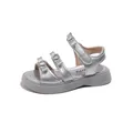 Elegantes sandalias plateadas para niña con hebillas de corazón de strass y lazos de verano - Plateado