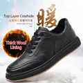 Men's casual black leather shoes with top layer cowhide and warm wool lining for winter. - 38 / Warm Lined Style (66708) / Black