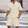 Detailed macro of men's cream cable knit polo shirt and matching drawstring shorts set - S / Top And Bottom / Khaki