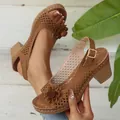 Close-up detail of summer brown chunky heel sandals with hollow patterns and flower - Dark Brown