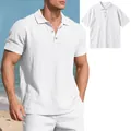 Detailed view of white linen polo shirt with breathable texture and buttoned collar - White