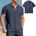Macro view of navy blue linen polo shirt with textured fabric details and three buttons - Navy Blue
