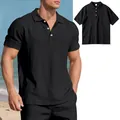Men's black linen short-sleeve polo shirt with breathable texture, model beach shot - Black