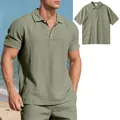 Close-up of men's breathable linen Polo shirt with relaxed fit and buttoned collar - Army Green