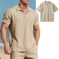 Detailed view of men's breathable khaki linen polo shirt with textured fabric - Khaki